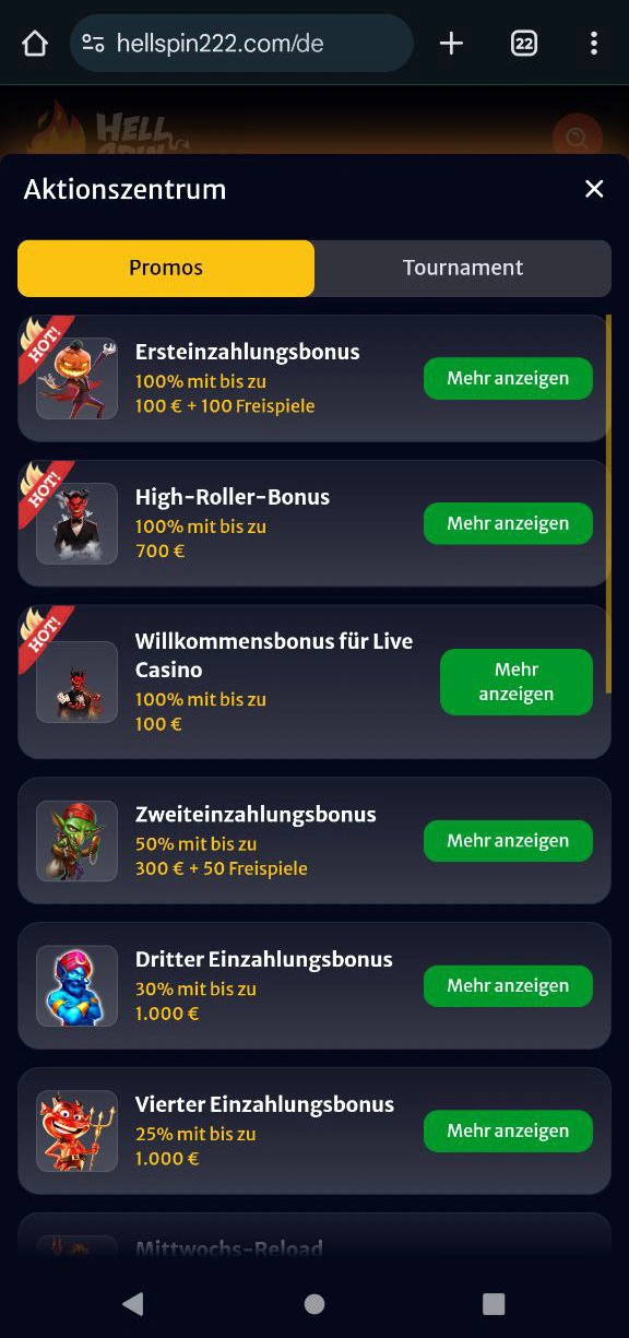 Übersicht der mobilen Hellspin Casino Startseite