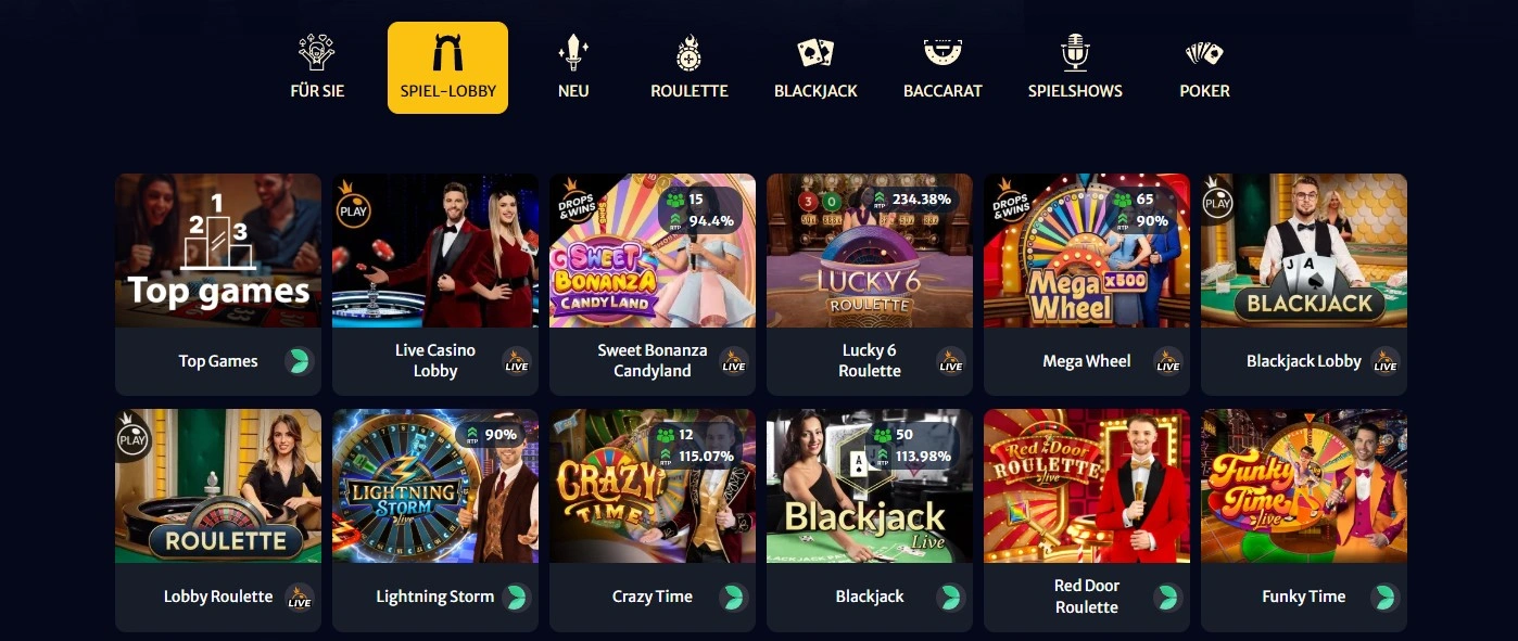 Startseite des Live-Casino Bereichs bei Hellspin
